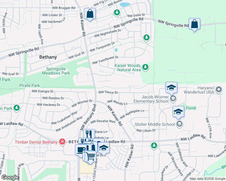 map of restaurants, bars, coffee shops, grocery stores, and more near 15093 Northwest Vance Drive in Portland