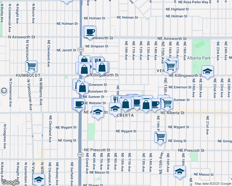 map of restaurants, bars, coffee shops, grocery stores, and more near 870 Northeast Roselawn Street in Portland