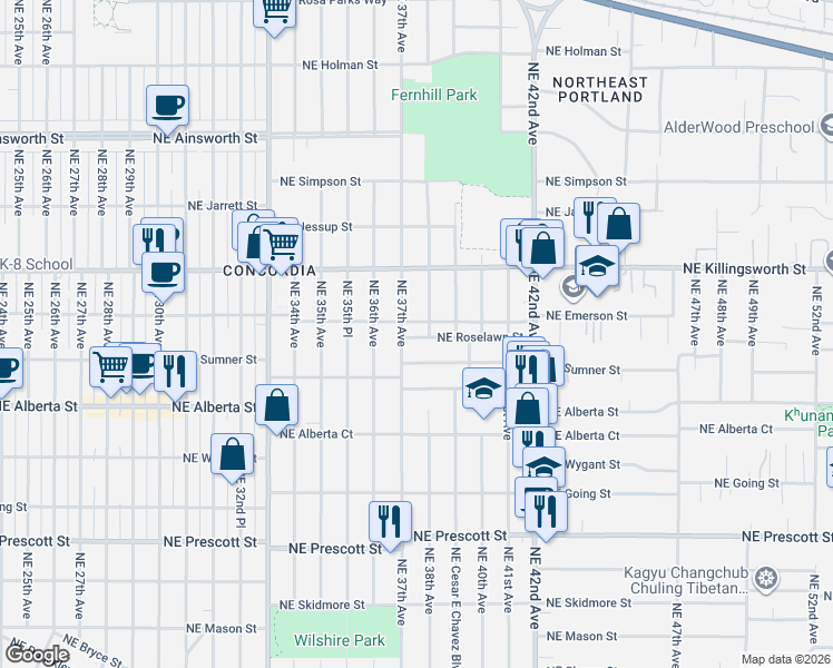 map of restaurants, bars, coffee shops, grocery stores, and more near 3715 Northeast Roselawn Street in Portland