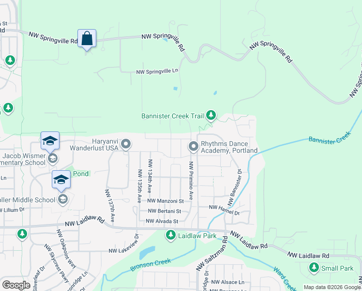 map of restaurants, bars, coffee shops, grocery stores, and more near 5747 Northwest 131st Avenue in Portland