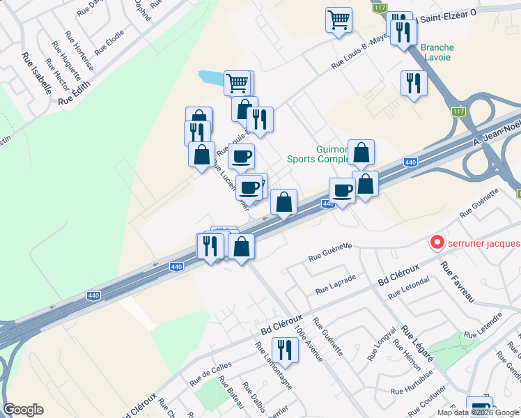 map of restaurants, bars, coffee shops, grocery stores, and more near 4545 Desserte Nord Autoroute 440 in Laval
