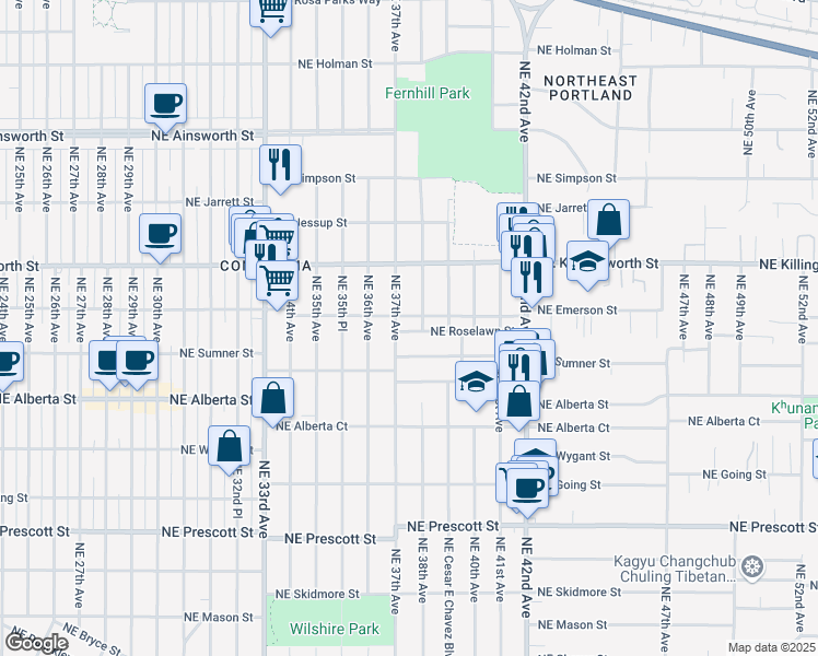 map of restaurants, bars, coffee shops, grocery stores, and more near 3715 Northeast Roselawn Street in Portland
