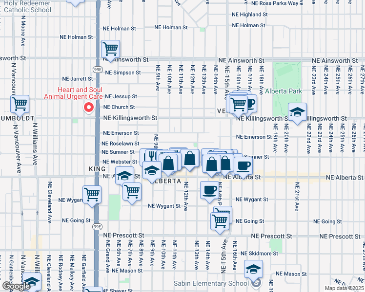map of restaurants, bars, coffee shops, grocery stores, and more near 1204 Northeast Roselawn Street in Portland