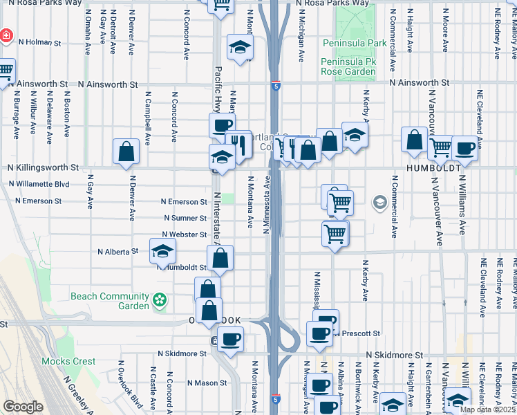 map of restaurants, bars, coffee shops, grocery stores, and more near 5235 North Minnesota Avenue in Portland