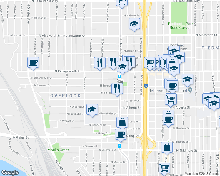 map of restaurants, bars, coffee shops, grocery stores, and more near 1600 North Emerson Street in Portland