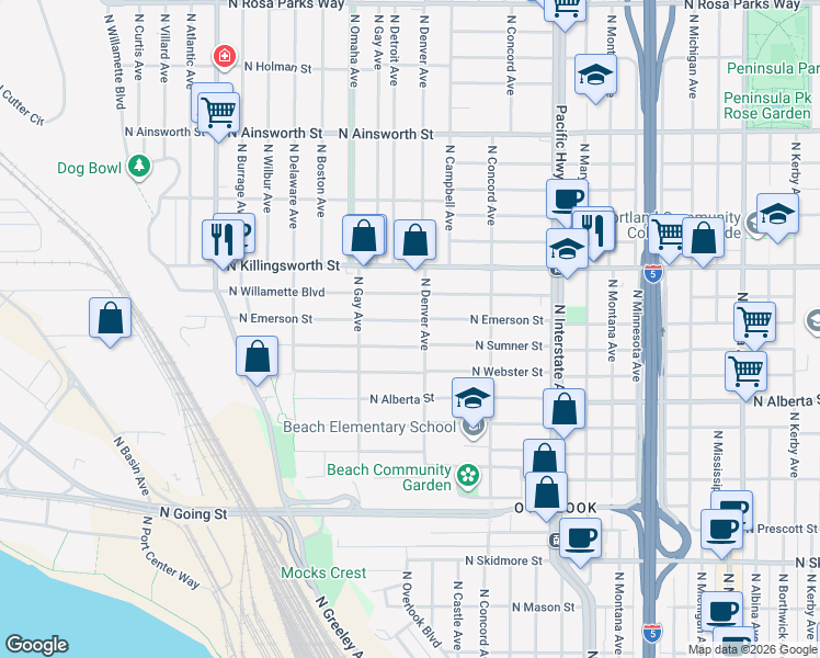 map of restaurants, bars, coffee shops, grocery stores, and more near 2024 North Emerson Court in Portland