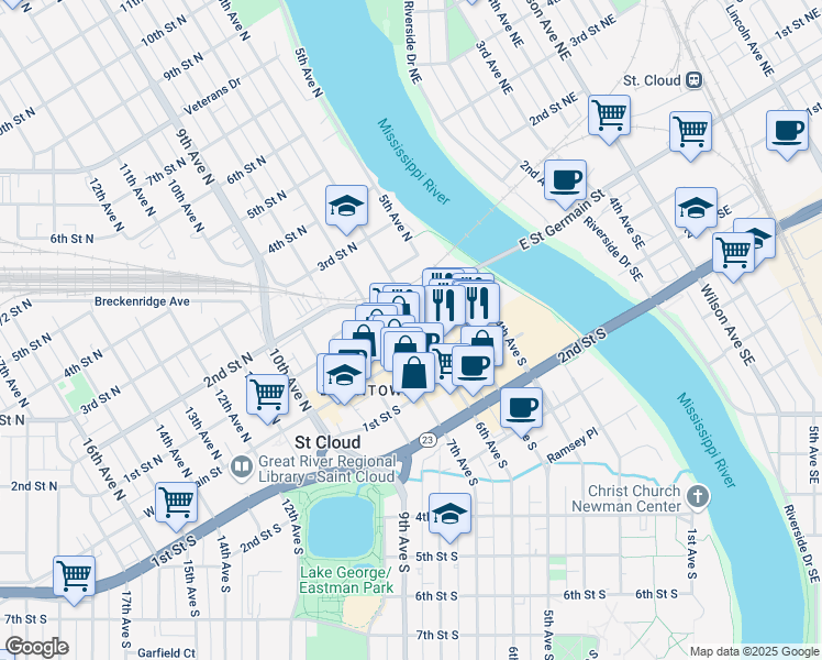 map of restaurants, bars, coffee shops, grocery stores, and more near 523 West Saint Germain Street in St. Cloud