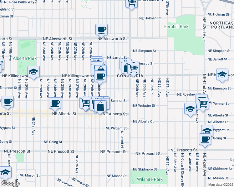 map of restaurants, bars, coffee shops, grocery stores, and more near 5246 Northeast 32nd Avenue in Portland