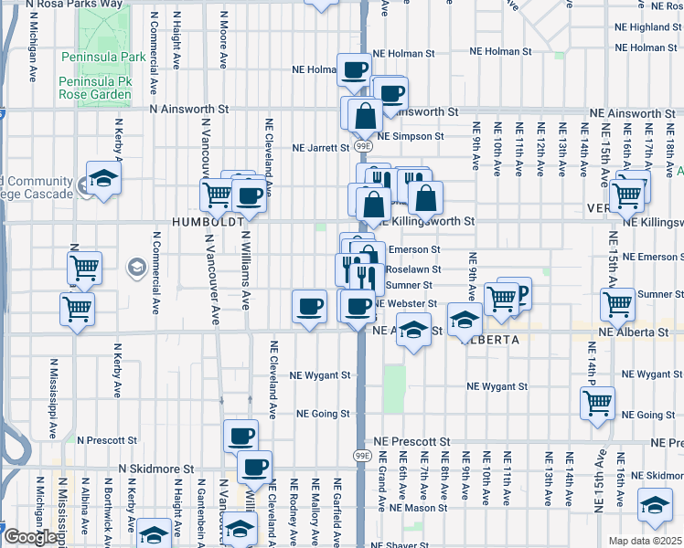 map of restaurants, bars, coffee shops, grocery stores, and more near 5232 Northeast Garfield Avenue in Portland