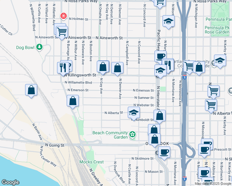 map of restaurants, bars, coffee shops, grocery stores, and more near 2024 North Emerson Court in Portland