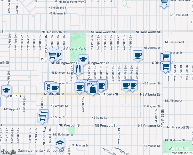 map of restaurants, bars, coffee shops, grocery stores, and more near 5246 Northeast 23rd Avenue in Portland