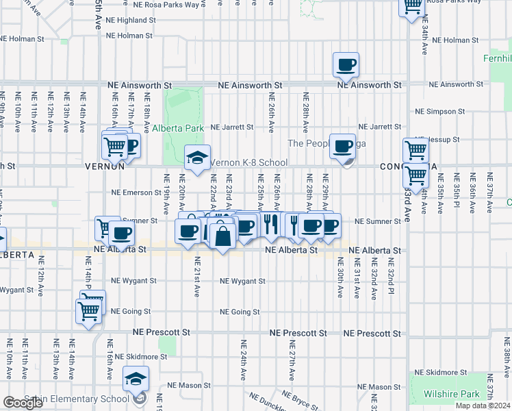 map of restaurants, bars, coffee shops, grocery stores, and more near 5247 Northeast 25th Avenue in Portland
