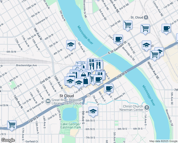 map of restaurants, bars, coffee shops, grocery stores, and more near 523 West Saint Germain Street in St. Cloud