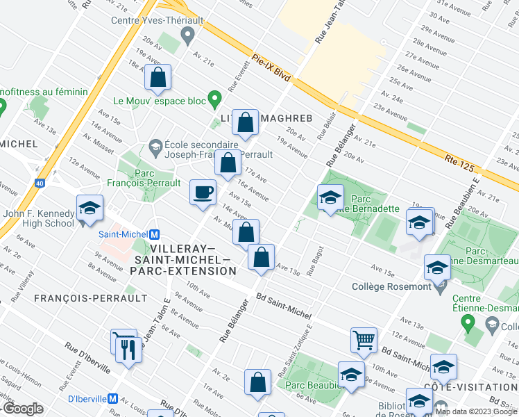 map of restaurants, bars, coffee shops, grocery stores, and more near 7071 15e Avenue in Montréal