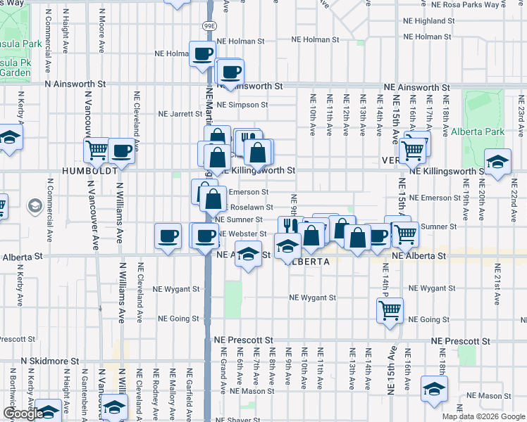 map of restaurants, bars, coffee shops, grocery stores, and more near 736 Northeast Roselawn Street in Portland