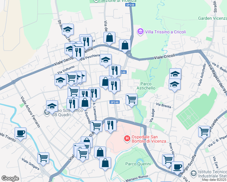 map of restaurants, bars, coffee shops, grocery stores, and more near Via Giacomo Medici in Vicenza
