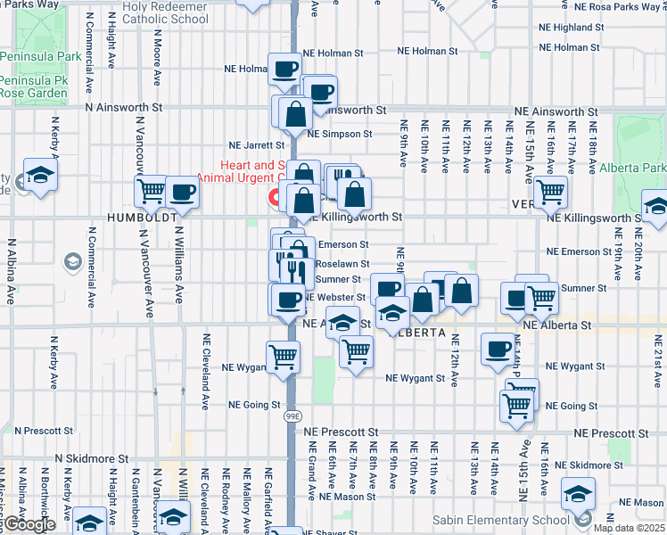 map of restaurants, bars, coffee shops, grocery stores, and more near 604 Northeast Roselawn Street in Portland