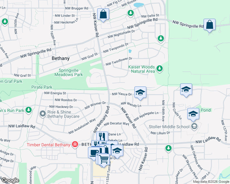 map of restaurants, bars, coffee shops, grocery stores, and more near 15223 Northwest Vance Drive in Portland