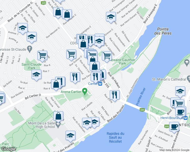 map of restaurants, bars, coffee shops, grocery stores, and more near 64 Boulevard des Laurentides in Laval