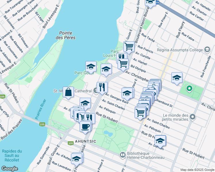 map of restaurants, bars, coffee shops, grocery stores, and more near 10697 Rue de la Roche in Montréal