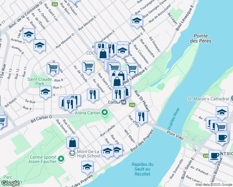 map of restaurants, bars, coffee shops, grocery stores, and more near 9 Rue Saint-Luc in Laval