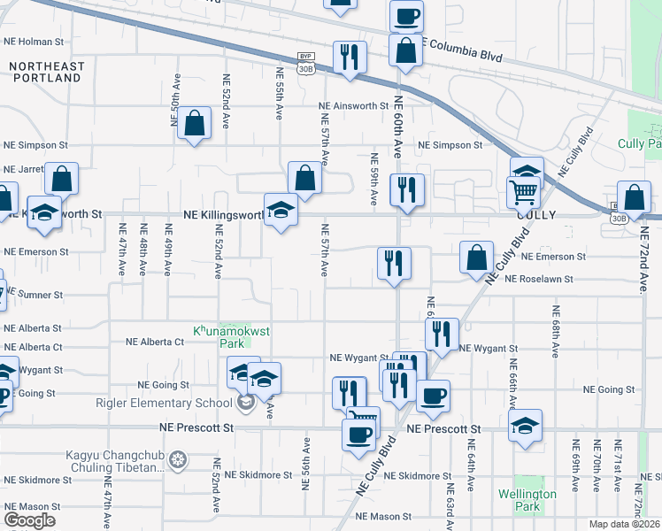 map of restaurants, bars, coffee shops, grocery stores, and more near 5252 Northeast 57th Avenue in Portland