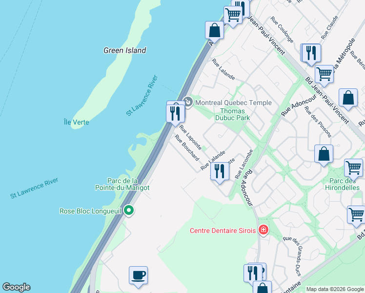 map of restaurants, bars, coffee shops, grocery stores, and more near 56 Rue Bouchard in Longueuil