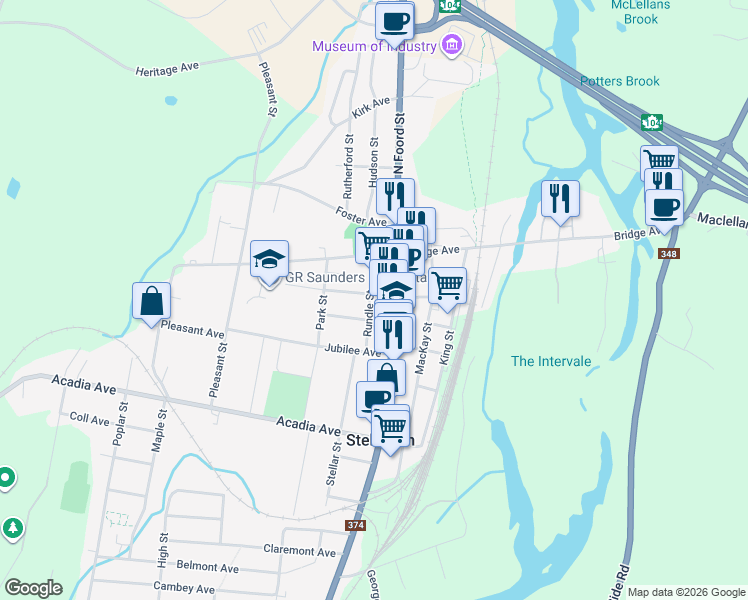 map of restaurants, bars, coffee shops, grocery stores, and more near 112 Rundle Street in Stellarton