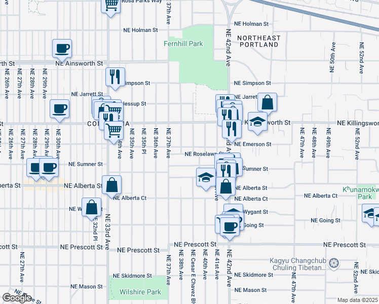 map of restaurants, bars, coffee shops, grocery stores, and more near 3825 Northeast Roselawn Street in Portland