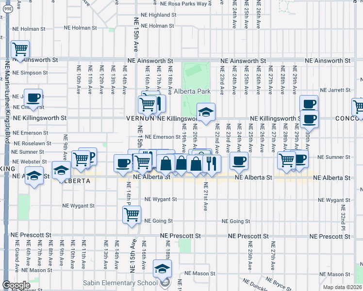 map of restaurants, bars, coffee shops, grocery stores, and more near 5245 Northeast 19th Avenue in Portland