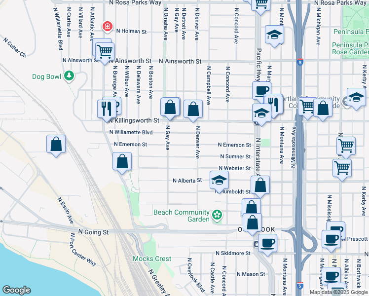map of restaurants, bars, coffee shops, grocery stores, and more near 2054 North Emerson Street in Portland