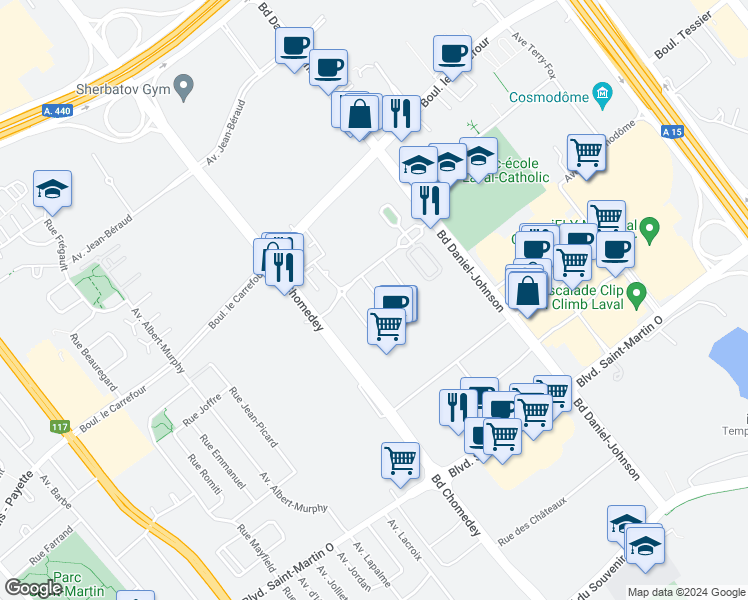 map of restaurants, bars, coffee shops, grocery stores, and more near 3990 Boulevard de Chenonceau in Laval