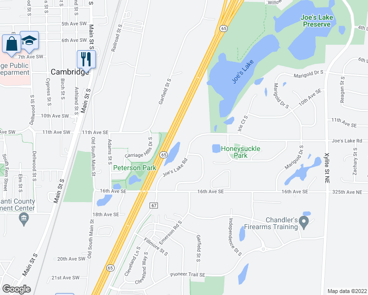 map of restaurants, bars, coffee shops, grocery stores, and more near 756 Joe's Lake Road in Cambridge