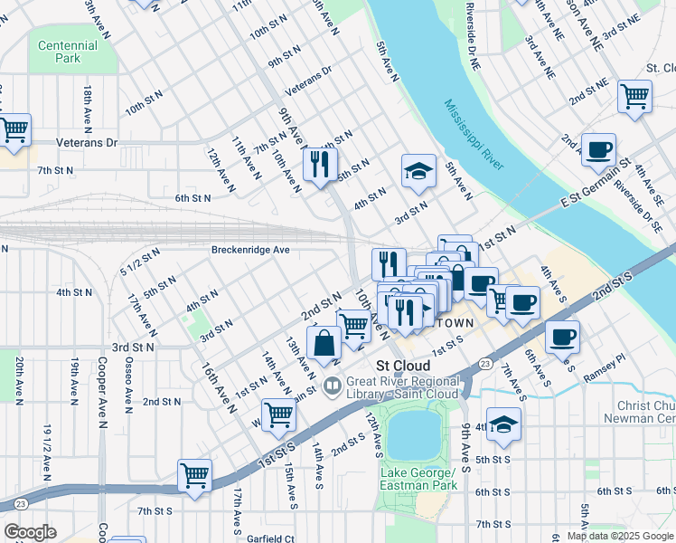 map of restaurants, bars, coffee shops, grocery stores, and more near 219 10th Avenue North in Saint Cloud