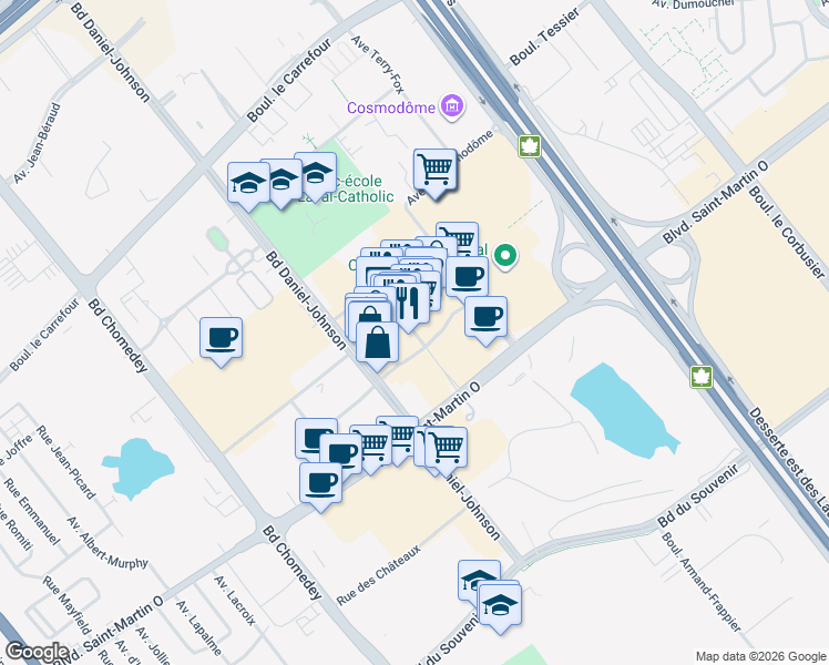 map of restaurants, bars, coffee shops, grocery stores, and more near 319 Promenade Du Centropolis in Laval
