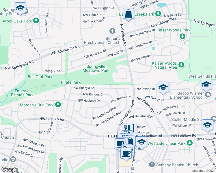 map of restaurants, bars, coffee shops, grocery stores, and more near 15443 Northwest Energia Street in Portland
