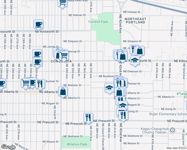map of restaurants, bars, coffee shops, grocery stores, and more near 3715 Northeast Roselawn Street in Portland