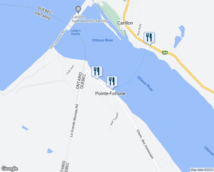 map of restaurants, bars, coffee shops, grocery stores, and more near 646-692 Chemin des Outaouais in Pointe-Fortune