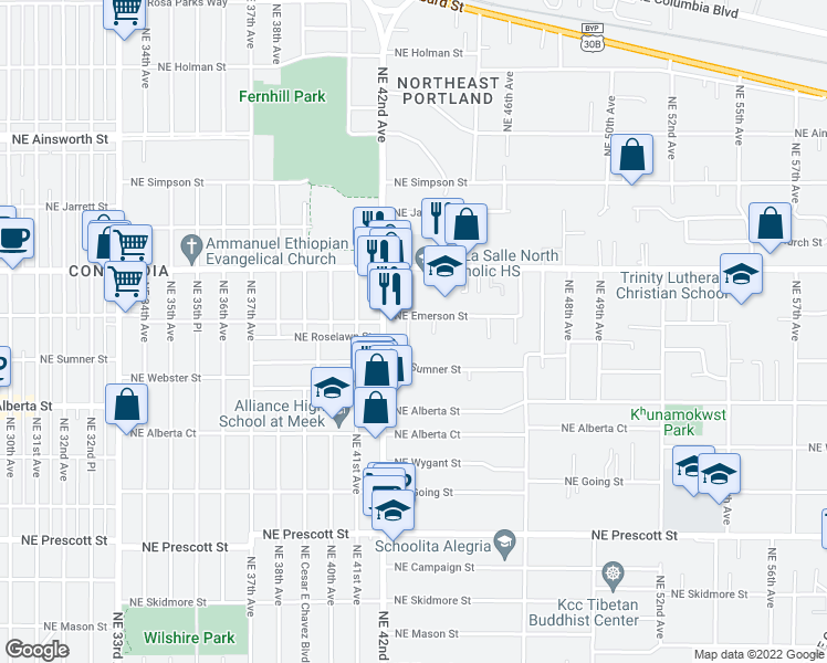 map of restaurants, bars, coffee shops, grocery stores, and more near 5254 Northeast 43rd Avenue in Portland