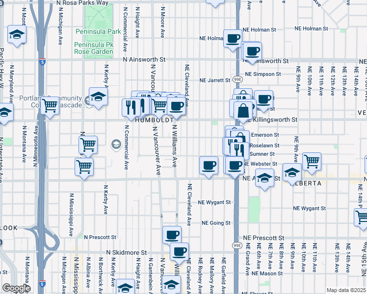 map of restaurants, bars, coffee shops, grocery stores, and more near 5224 Northeast Cleveland Avenue in Portland