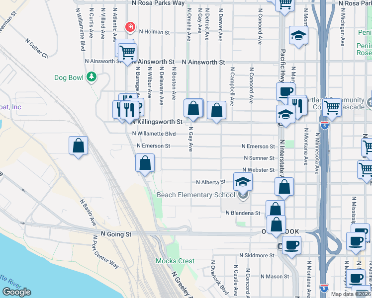 map of restaurants, bars, coffee shops, grocery stores, and more near 2214 North Emerson Street in Portland
