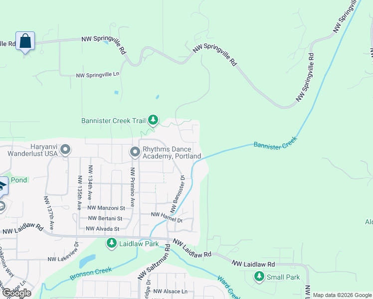 map of restaurants, bars, coffee shops, grocery stores, and more near 12633 Northwest Larry Court in Portland