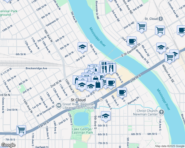 map of restaurants, bars, coffee shops, grocery stores, and more near 26 7th Avenue North in St. Cloud