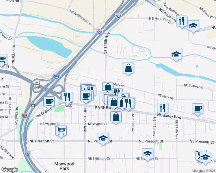 map of restaurants, bars, coffee shops, grocery stores, and more near 5210 Northeast 105th Avenue in Portland
