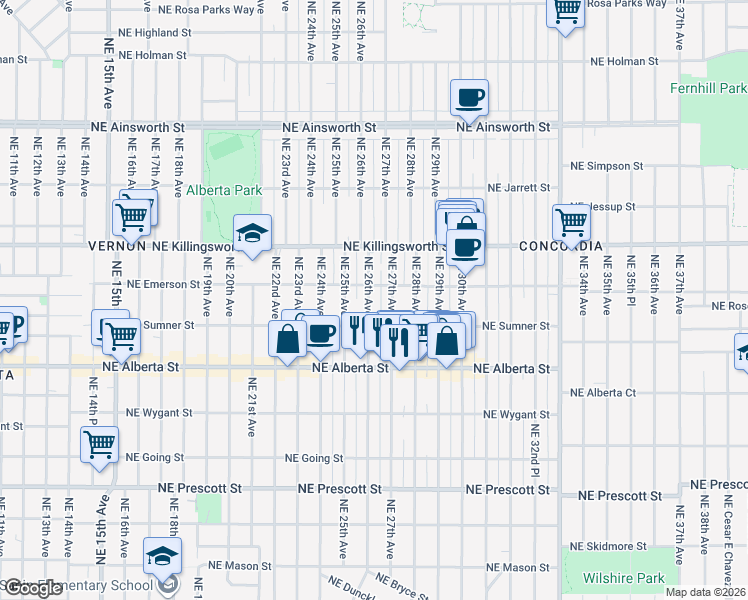 map of restaurants, bars, coffee shops, grocery stores, and more near 5254 Northeast 26th Avenue in Portland