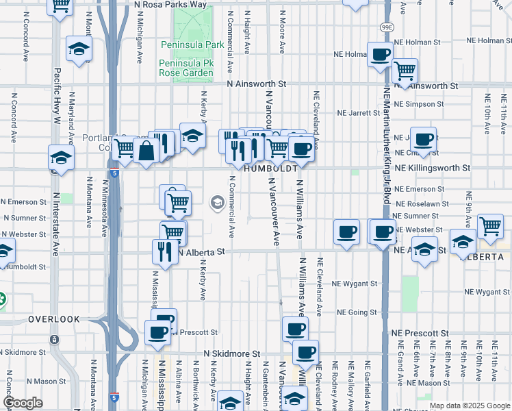 map of restaurants, bars, coffee shops, grocery stores, and more near 5236 North Haight Avenue in Portland