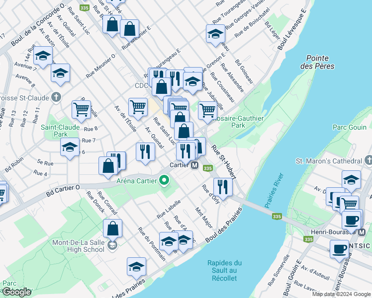 map of restaurants, bars, coffee shops, grocery stores, and more near 64 Boulevard des Laurentides in Laval