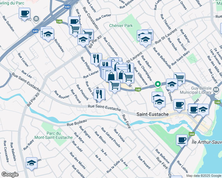 map of restaurants, bars, coffee shops, grocery stores, and more near 356 Boulevard Arthur-Sauvé in Saint-Eustache