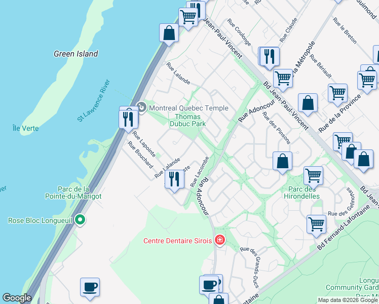 map of restaurants, bars, coffee shops, grocery stores, and more near 511 Rue Lalande in Longueuil