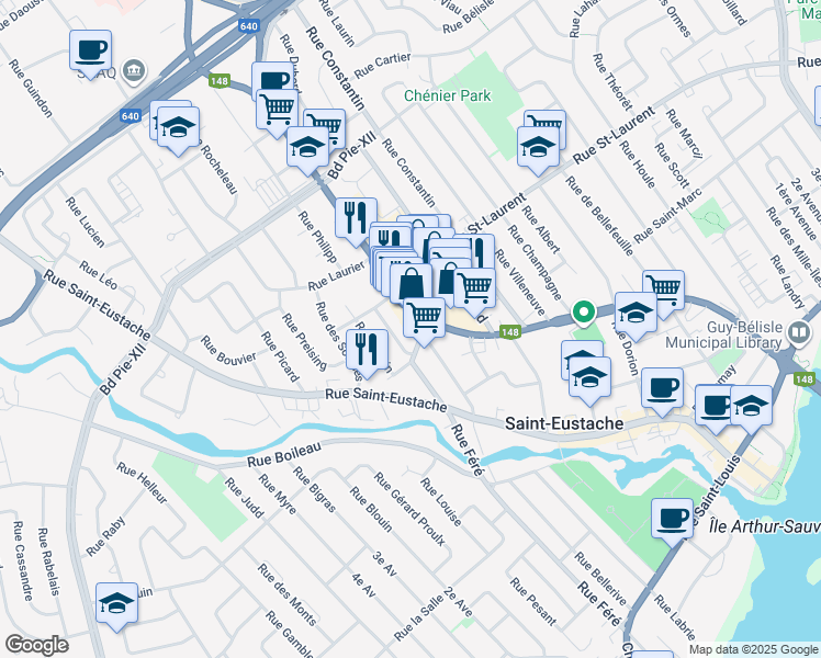 map of restaurants, bars, coffee shops, grocery stores, and more near 356 Boulevard Arthur-Sauvé in Saint-Eustache